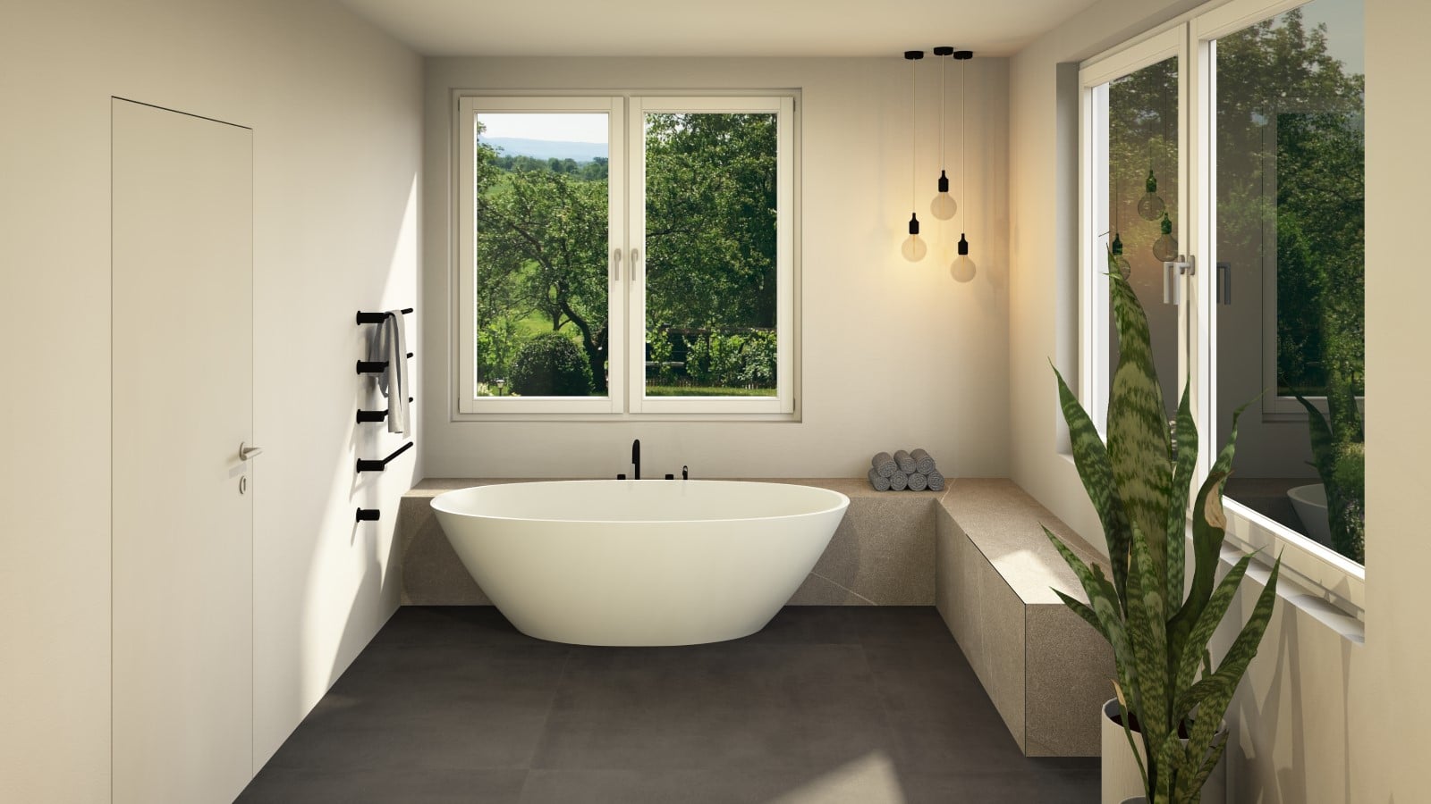 Modernes Badezimmer mit freistehender Badewanne, großen Fenstern, Handtuchhalter, gestapelten Handtüchern, Hängelampen und einer Topfpflanze; grüne Bäume sind draußen zu sehen. | casaceramica